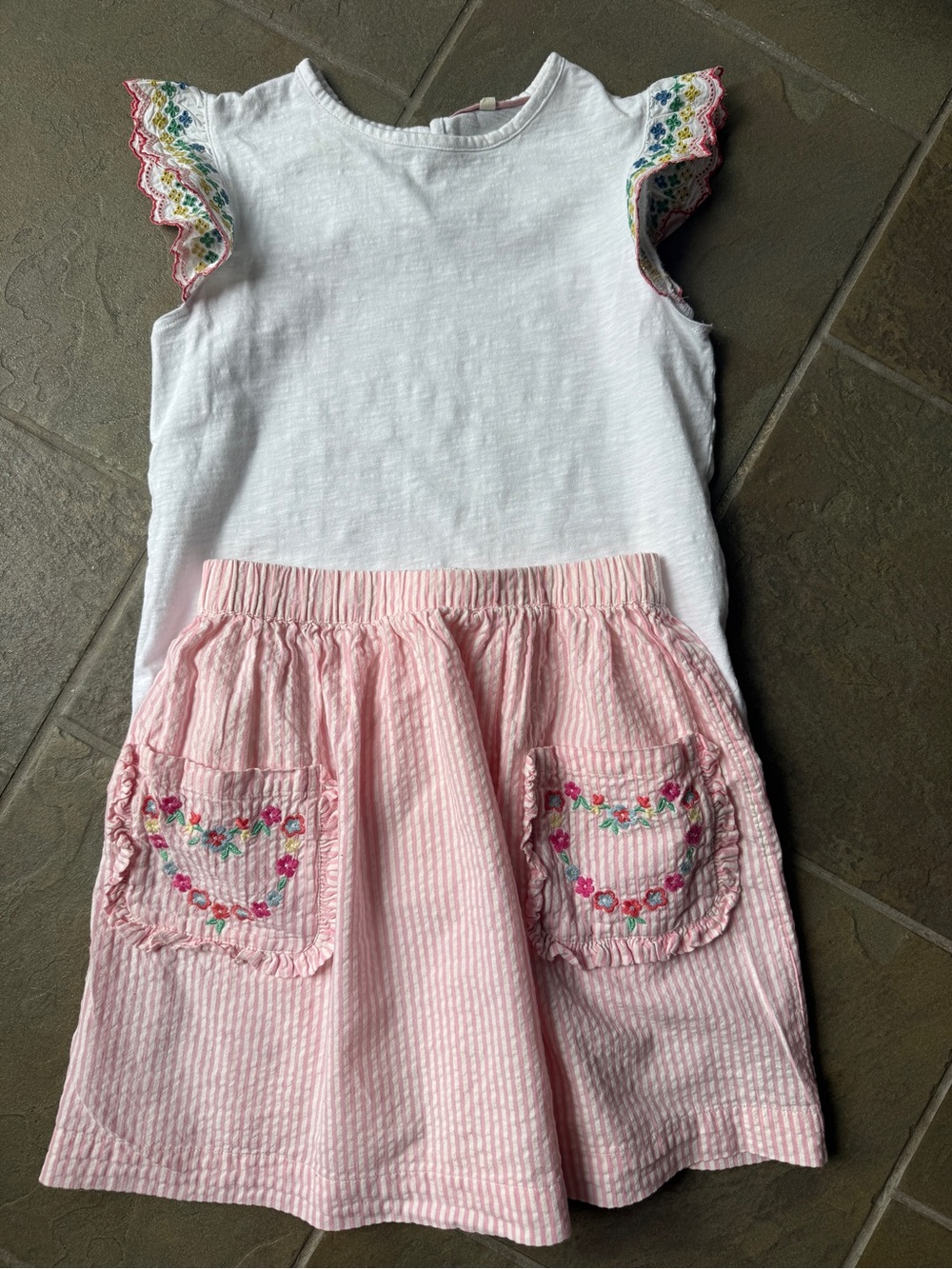 Mini Boden White Top with Pink Embroidered Pocket Skirt Set